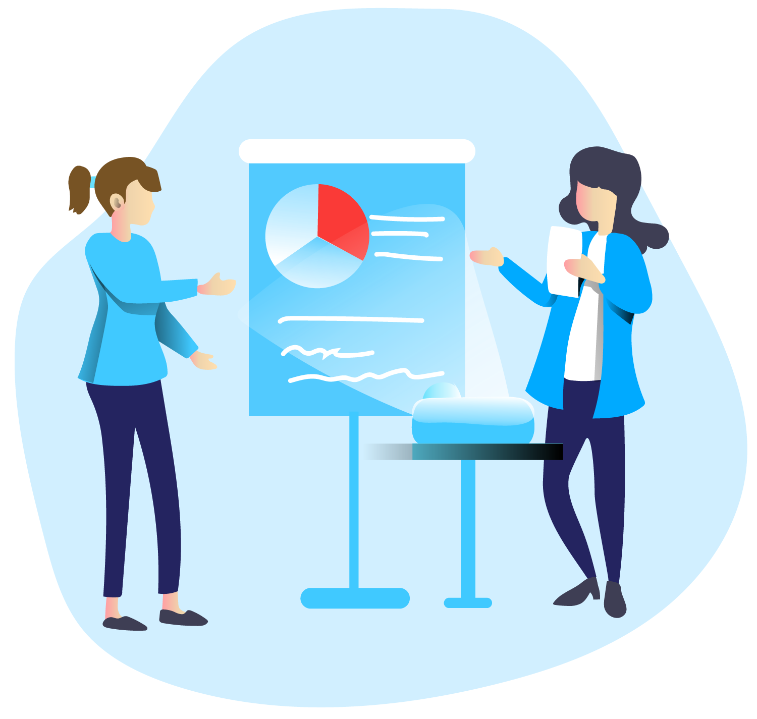 illustration of two people reviewing a pie chart