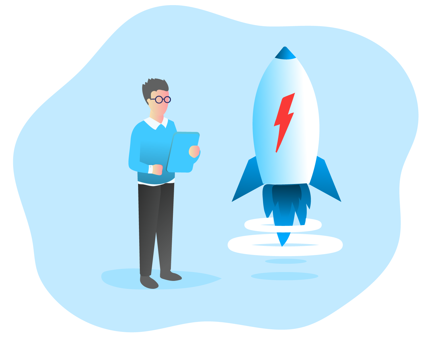 Person standing next to a rocket ship