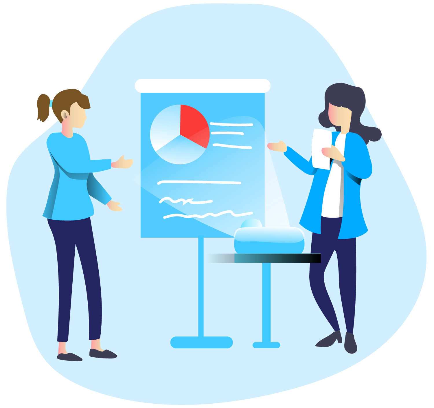 people discussing a pie chart on an easel 