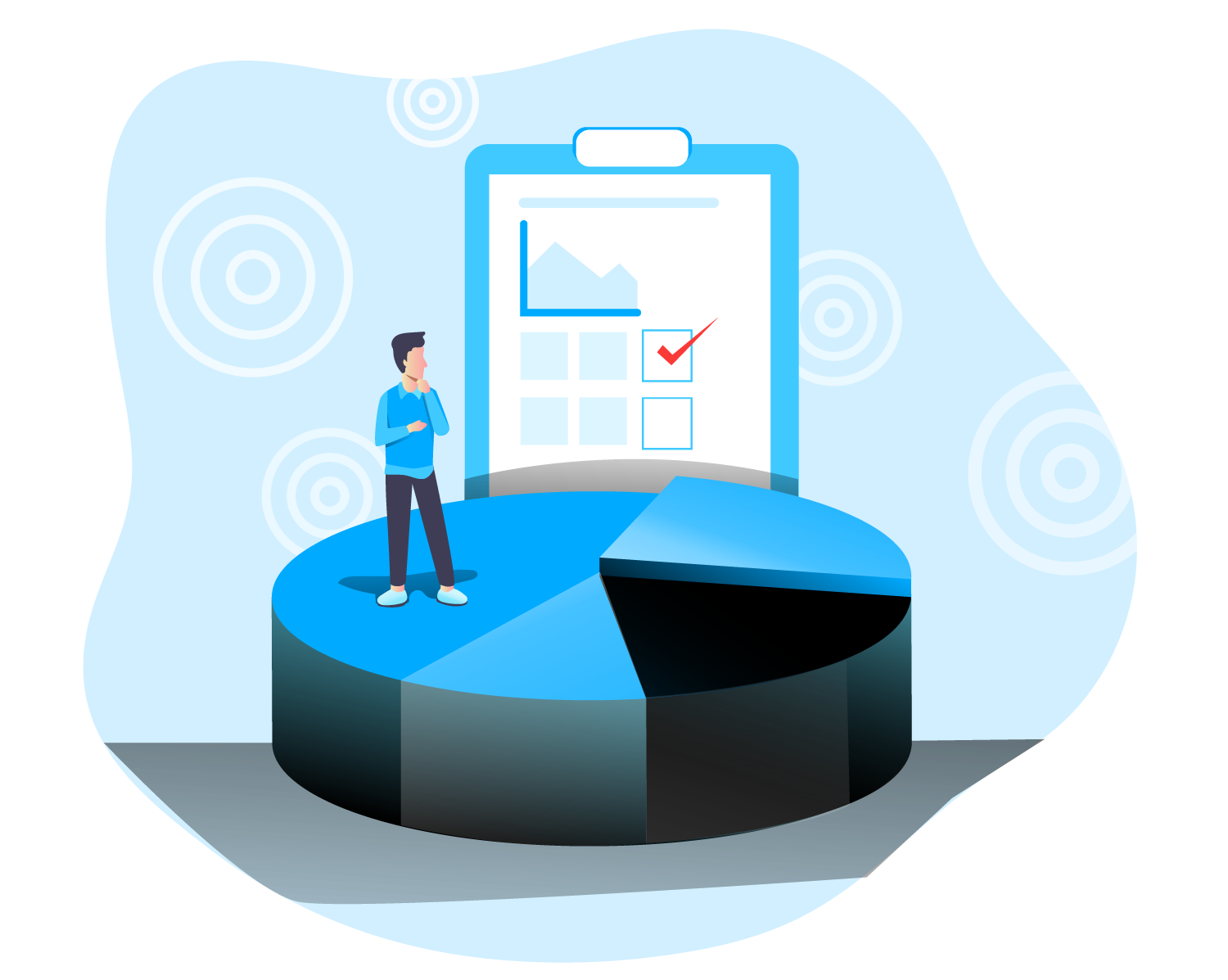 illustrated person standing on three dimensional pie chart with a clipboard in the background